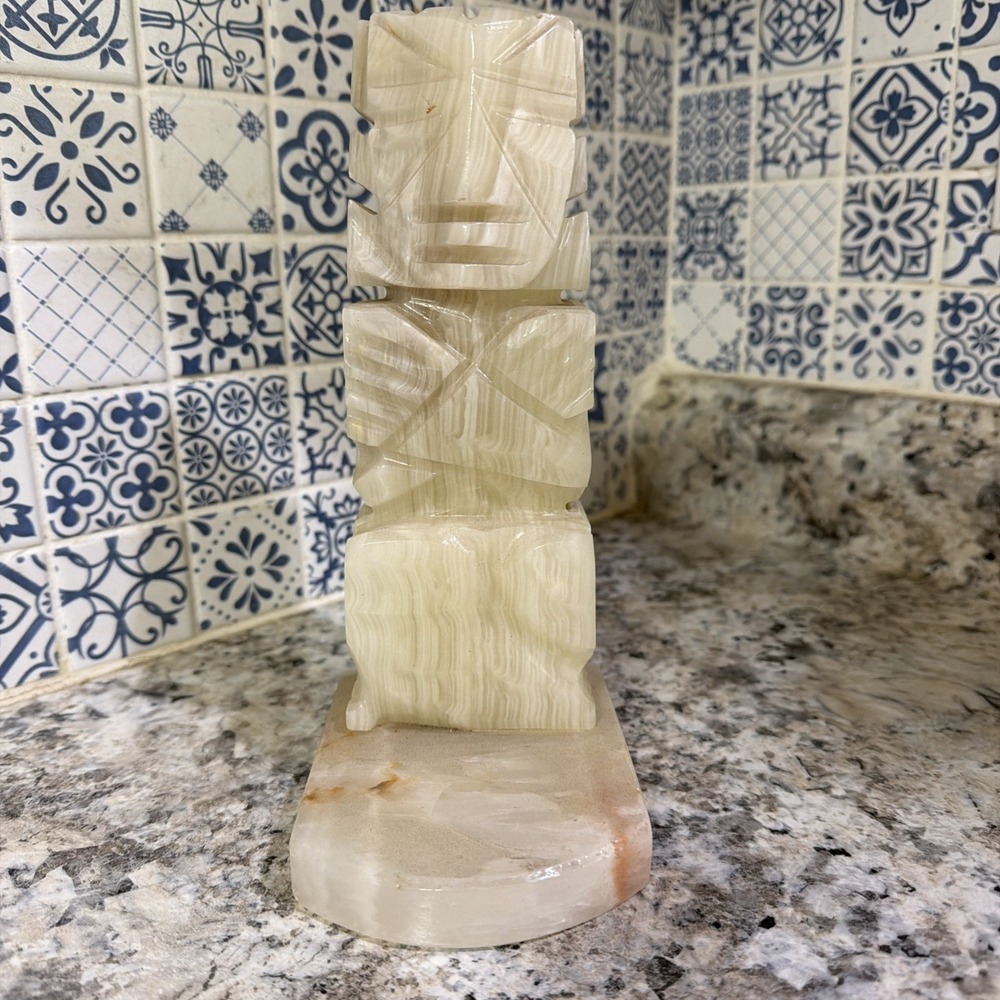 Vintage Bookend Statue Aztec Mayan Tiki Carved Marble Onyx Stone 8.5" ONE END
